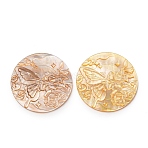 Natural Yellow Shell Carved Cabochons, Flat Round with Cameo Butterfly Pattern, Gold, 25x2~2.5mm(SHEL-G024-01B)