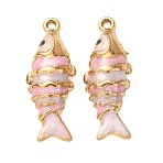 304 Stainless Steel Pendants, with Enamel, Fish Charms, Real 18K Gold Plated, Ion Plating(IP), Pink, 26x10x4mm, Hole: 1.4mm(X-STAS-N129-14A-G01)