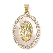 Brass Micro Pave Cubic Zirconia Pendants, with Shell Charms, Virgin Mary, Real 18K Gold Plated, Oval, 27.5x19x3mm, Hole: 3.5x4mm(KK-I712-52G-05)