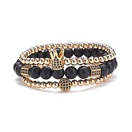 3Pcs 3 Style Round Synthetic Black Stone & Hematite Beaded Stretch Bracelets Set, Gemstone Bracelets with Ball Crown Hexagon for Women, Golden, Inner Diameter: 2 1/4~2-3/8 inch(5.7~6.1cm)(BJEW-JB07688-01)