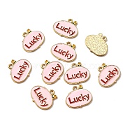 Alloy Pendants, with Enamel, Light Gold, Oval with Word Lucky, Pink, 17x19x1.3mm, Hole: 1.6mm(ENAM-CJC0011-46LG)