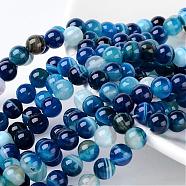 Natural Striped Agate/Banded Agate Beads, Round, Grade A, Dyed, Blue, Size: about 8mm in diameter, hole: 1mm, 43pcs/strand, 15.5 inch(AGAT-8D-8)