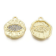 Rack Plating Alloy Charms, with Crystal Rhinestone, Cadmium Free & Nickel Free & Lead Free, Flat Round with Eye, Light Gold, 16.5x15x2.5mm, Hole: 1.6mm(PALLOY-N155-191)