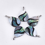 Mixed Shell Pendants, with Brass Findings, teardrop, Platinum, 37.5~38.5x27.5~28x3~3.5mm, Hole: 4.5x4mm(SHEL-S275-23)