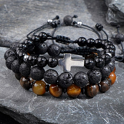 3Pcs 3 Styles Bohemian Style Natural Black Onxy & Lava Rock & Tiger Eye Round Beaded Braided Bead Bracelet Set for Men, Cross, Inner Diameter: 7-1/4 inch(18.5cm)(FX6135)