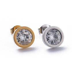 304 Stainless Steel Stud Earrings, with Cubic Zirconia and Ear Nuts, Clear, 9.5mm, Pin: 0.6mm, 6pairs/card(STAS-D0001-07B)