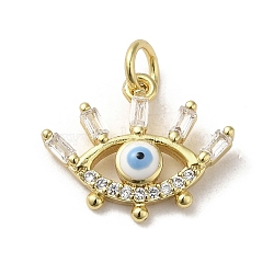 Brass Micro Pave Cubic Zirconia Pendants, with Enamel and Glass, with Jump Ring, Real 18K Gold Plated, Evil Eye, Clear, 13x15.5x3.5mm, Hole: 3.2mm(KK-E092-01G-01)