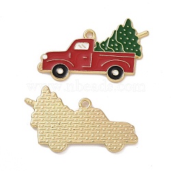 Christmas Theme Rack Plating Alloy Enamel Pendants, Light Gold Tone Trucks with Christmas Tree Charms, Red, 21.5x35.5x1.5mm, Hole: 1.7mm(PALLOY-O109-16LG)