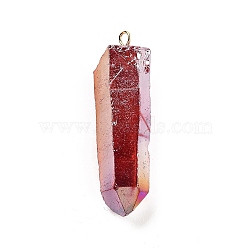 Electroplated Natural Quartz Pendants, with Brass Findings, Bullets, Pointed Pendants, Golden, Indian Red, 40~65x7~15mm, Hole: 3mm(G-P315-B01-07G)