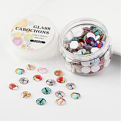 Glass Cabochons, Tree of Life Printed, Half Round/Dome, Mixed Color, 12x4mm, about 180~190pcs/box(GGLA-JP0002-12)
