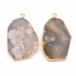 Natural Cherry Blossom Agate Pendants, with Light Gold Plated Iron Findings, Dyed & Heated, Nuggets, Tan, 46~57x29.5~35x6~7mm, Hole: 2mm(G-N326-125-02P)