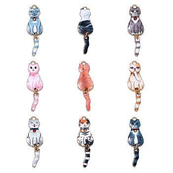 18Pcs 9 Colors Alloy Pendants, Cat Shape, Mixed Color, 34.5x10x2mm, Hole: 1.6mm, 2pcs/color