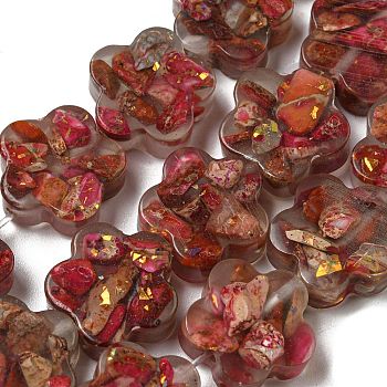 Dyed Natural Imperial Jasper with Resin Beads Strands, Flower, Cerise, 15x16x5.5mm, Hole: 1.2mm, about 12pcs/strand, 8.46''(21.5cm)