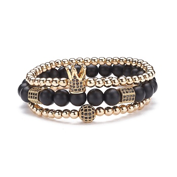 3Pcs 3 Style Round Synthetic Black Stone & Hematite Beaded Stretch Bracelets Set, Gemstone Bracelets with Ball Crown Hexagon for Women, Golden, Inner Diameter: 2 1/4~2-3/8 inch(5.7~6.1cm)