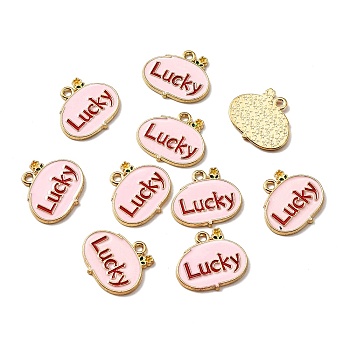 Alloy Pendants, with Enamel, Light Gold, Oval with Word Lucky, Pink, 17x19x1.3mm, Hole: 1.6mm