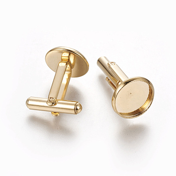 304 Stainless Steel Cufflinks Settings, Flat Round, Golden, Tray: 12mm, 26.5x14mm