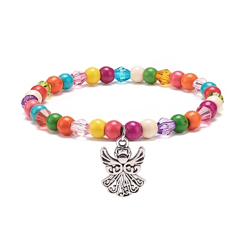 Synthetic Turquoise(Dyed) & Acrylic Beaded Stretch Bracelet with Alloy Charm for Women, Colorful, Angel & Fairy Pattern, Pendant: 20x14x1mm, Inner Diameter: 2-1/8 inch(5.5cm)