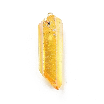 Electroplated Natural Quartz Pendants, with Brass Findings, Bullets, Pointed Pendants, Golden, Gold, 40~65x7~15mm, Hole: 3mm