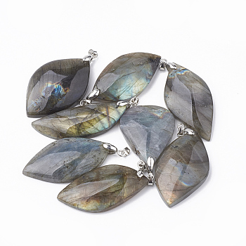 Natural Labradorite Pendants, with Platinum Tone Brass Findings, Nuggets, 35~50x18~30x7~9mm, Hole: 4x4.5mm