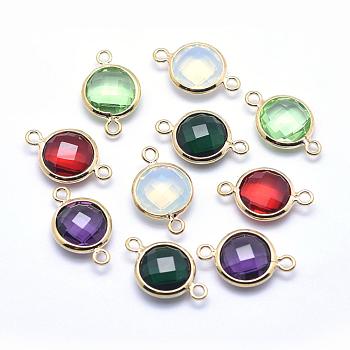Brass Links connectors, with Faceted Glass, Flat Round, Lead Free & Cadmium Free, Golden, Mixed Color, 14x9x3.5mm, Hole: 1mm