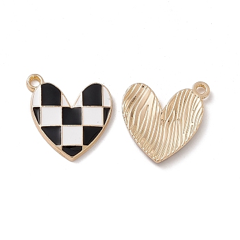Alloy Enamel Pendants, Golden, Heart with Tartan Pattern Charm, Black, 20x19x2mm, Hole: 1.8mm
