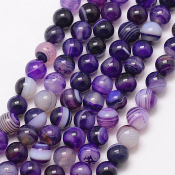 Natural Striped Agate/Banded Agate Bead Strands, Round, Grade A, Dyed & Heated, Indigo, 6mm, Hole: 1mm, about 61~62pcs/strand, 14.5 inch