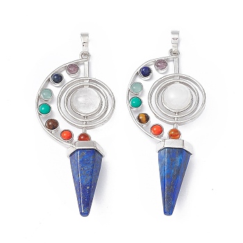 7 Chakra Natural Lapis Lazuli Big Pendants, Faceted Cone Charms, with Platinum Tone Brass Findings, 69x30x13mm, Hole: 5mm