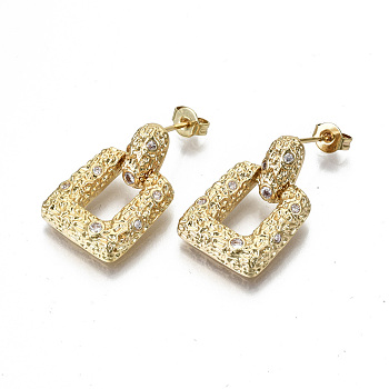 Brass Micro Pave Clear Cubic Zirconia Dangle Stud Earrings, with Ear Nuts, Hammered, Nickel Free, Trapezoid, Real 18K Gold Plated, 22mm, Pin: 0.8mm