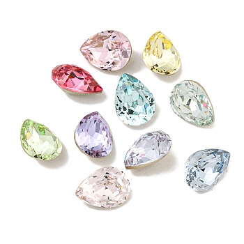 Glass Rhinestone Cabochons, Flat Back & Back Plated, Faceted, Teardrop, Mixed Color, 8x6x4mm