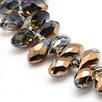 Electroplate Glass Beads Strands, Top Drilled Beads, Half Copper Plated, Faceted, Teardrop, Goldenrod, 12x6x6mm, Hole: 1mm