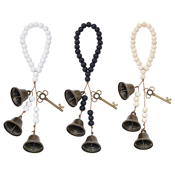 3Pcs Natural Wood Beads Stretch Bracelets Keychains, with Alloy and Iron Pendant, Cotton Thread, Bell & Key, Mixed Color, 29cm, 3pcs/set