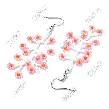 Handmade Glass Seed Beads Flower Dangle Earrings, with 304 Stainless Steel Earring Hooks, Stainless Steel Color, Pink, 70.5x17.5mm
