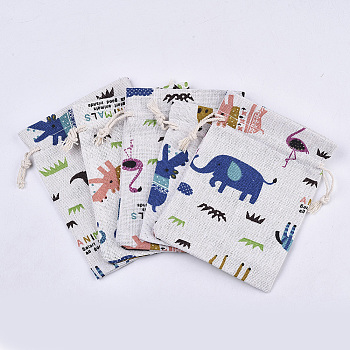 5Pcs Polycotton(Polyester Cotton) Packing Pouches Drawstring Bags, with Animal Printed, Mixed Color, 13.7x10cm