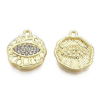 Rack Plating Alloy Charms, with Crystal Rhinestone, Cadmium Free & Nickel Free & Lead Free, Flat Round with Eye, Light Gold, 16.5x15x2.5mm, Hole: 1.6mm