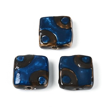Handmade Porcelain Ceramic Beads, Hand Painted, Square, Famille Rose Style, Marine Blue, 17.5~19x17~18.5x6~7mm, Hole: 1.4~2mm