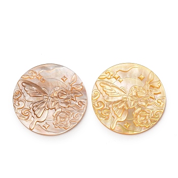 Natural Yellow Shell Carved Cabochons, Flat Round with Cameo Butterfly Pattern, Gold, 25x2~2.5mm