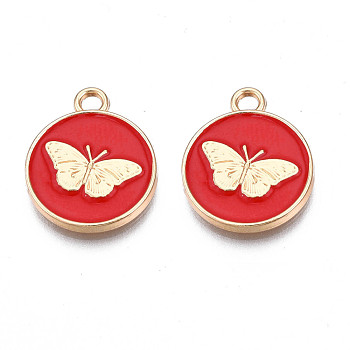 Alloy Enamel Pendants, Cadmium Free & Nickel Free & Lead Free, Light Gold, Flat Round with Butterfly, Red, 18x15x2mm, Hole: 2mm