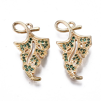 Brass Micro Pave Cubic Zirconia Pendants, Light Gold, Long-Lasting Plated, Cadmium Free & Lead Free, Leaf, Green, 23.5x13x3mm, Hole: 1.5mm