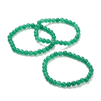 Dyed Natural Jade Beaded Stretch Bracelets, Imitation Green Aventurine, Round, Beads: 6~6.5mm, Inner Diameter: 2-1/4 inch(5.55cm)