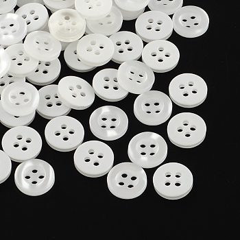 4-Hole Plastic Buttons, Flat Round, White, 11x2mm, Hole: 1.5mm