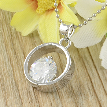 Flat Round Real Platinum Plated Brass Cubic Zirconia Pendants, Real Platinum Plated, 12~13.5x9x4mm, Hole: 3.5mm