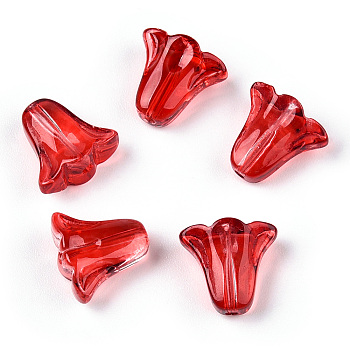 Spray Painted Transparent Glass Beads, Tulip Flower, Crimson, 10x11x5.5mm, Hole: 1mm
