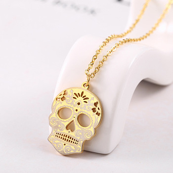 Stainless Steel Mexican Candy Skull Pendant Necklaces, Golden