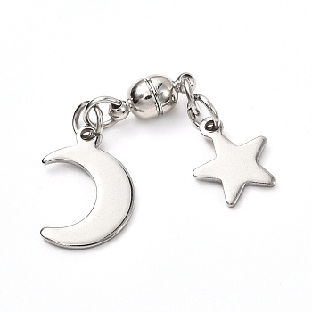 Round Brass Magnetic Clasps with Loops, with 304 Stainless Steel Charms & Jump Rings, Moon & Star, Mixed Color, 49mm