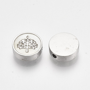 304 Stainless Steel Beads, with Shell, Flat Round with Tree of Life, Stainless Steel Color, 9.5~10x3mm, Hole: 1.5mm