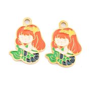 Ion Plating(IP) 304 Stainless Steel Pendants, with Enamel, Real 18K Gold Plated, Mermaid Charm, Coral, 16.5x12.5x1.5mm, Hole: 1.5mm(STAS-O007-02G)