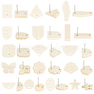 32Pcs 16 Style Oval & Rectangle & Fan & Butterfly Natural Ash Wood Stud Earring Findings, with 304 Stainless Steel Pin & 32pcs Ear Nuts, BurlyWood, 10~23x6.5~20mm, Hole: 1.8~2mm, Pin: 0.7mm, 2Pcs/style(EJEW-UN0002-29)