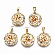 Brass Micro Pave Clear Cubic Zirconia Pendants, with White Sea Shell, Nickel Free, Flat Round with Flower, Real 18K Gold Plated, 16x14x4mm, Hole: 2x4.5mm(KK-Q277-012-NF)