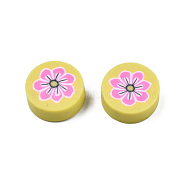 Handmade Polymer Clay Beads, Flat Round with Flower, Yellow, 9~10x4~4.5mm, Hole: 1.2~1.8mm(CLAY-N011-56-06)