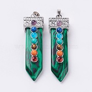 Synthetic Malachite with Synthetic & Natural Mixed Stone Chakra Big Pendants, Sword, Platinum, 57~60x16.5x12mm, Hole: 5mm(G-E415-A02)